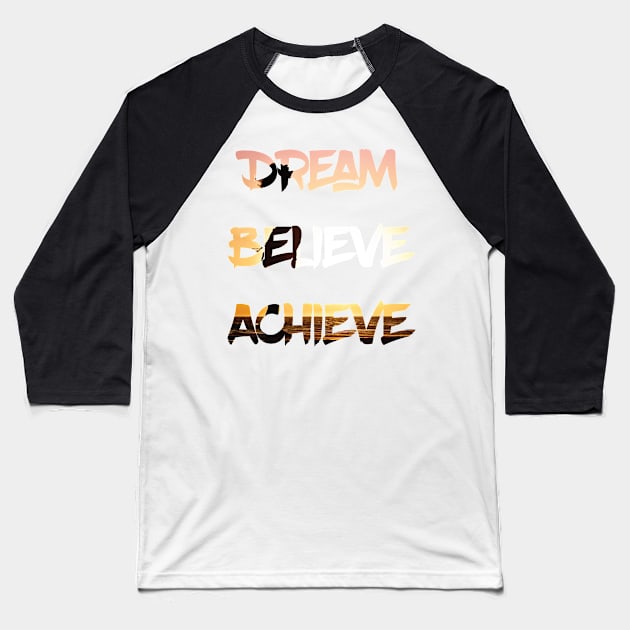 Dream Believe Achieve Woman Cheering in the Sunset Baseball T-Shirt by MattOArtDesign